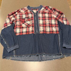 Oddi Plaid and Denim Patchwork Top Sz: 2XL